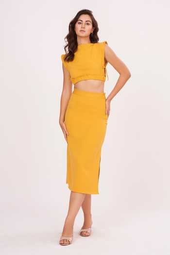 House Of Varada Solid High Neck Top & Side-Slit Skirt Set 