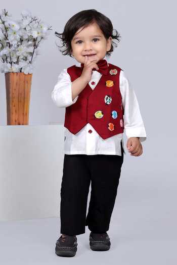 Little Brats White Shirt Set With Printed Waistcoat 
