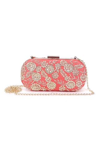 Raw Silk Flower Embroidered Clutch 