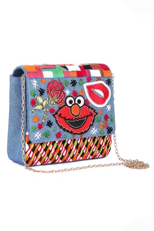Happy Monster Denim Embroidered Bag 