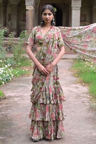 Mirkashi Pre-Draped Floral Print Saree With Blouse