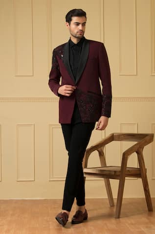 Maroon Embroidered Blazer & Trouser Set For Kids