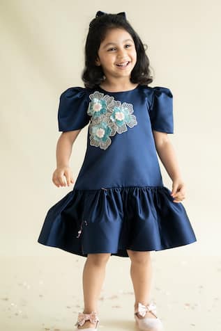 Navy Blue Floral Embroidered Dress 