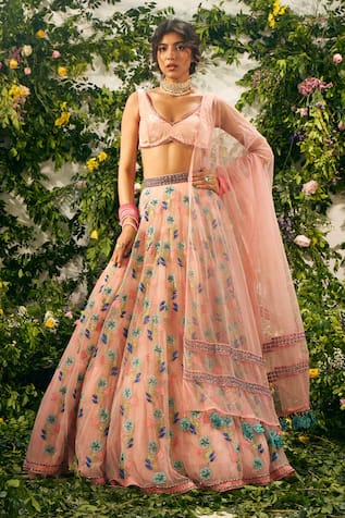 Tuhina Srivastava Floral Embroidered Bridal Lehenga Velvet Blouse Set 