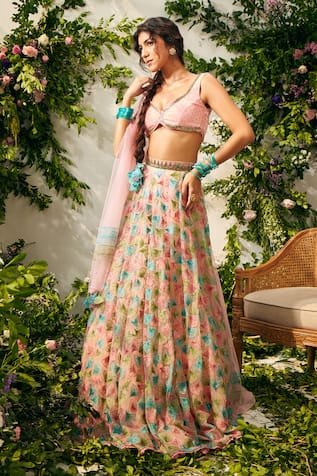 Tuhina Srivastava Resham Embroidered Velvet Blouse Lehenga Set 