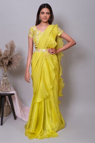 YELLOW NEW DESIGNER PARTY WEAR LAHENGA SAREE WITH STICH BLOUSE WITH EM –  Dealbazaarsonline.com