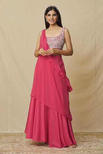 Vasavi Shah Silk Skirt Set With Ruffle Drape 