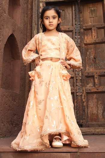 FAYON KIDS Sequin Embroidered Jacket Draped Skirt Set 
