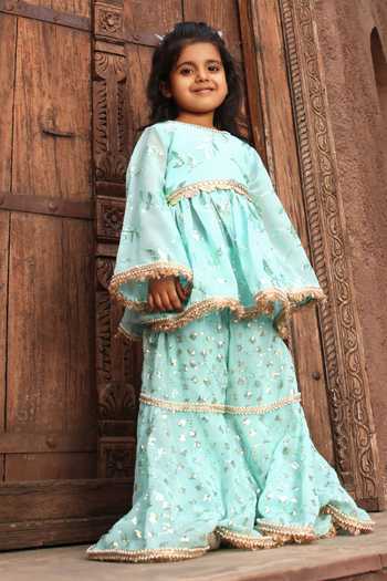 FAYON KIDS Leaf Embroidered Kurta & Sharara Set 