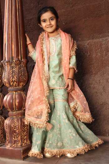 FAYON KIDS Chanderi Embroidered Kurta Sharara Set 