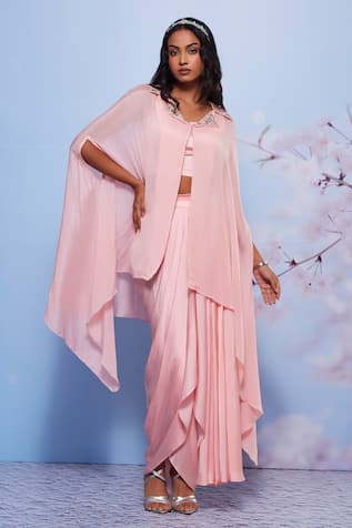 Embroidered Cape & Draped Skirt Set 