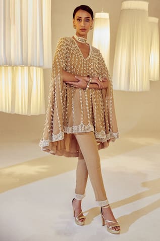 Vvani by Vani Vats Pearl Embellished Cape & Pant Set 