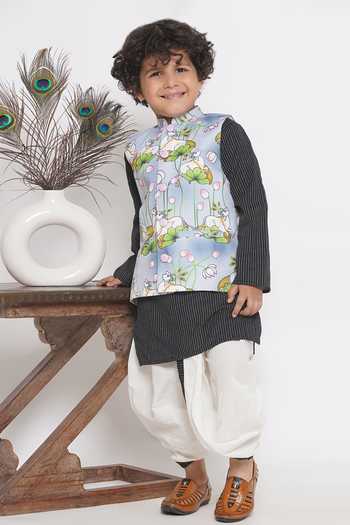 Little Bansi Black Striped Kurta Set With Nehru Jacket 
