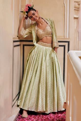 PUNIT BALANA Geometric Print Lehenga & Flower Vine Print Cape Set 