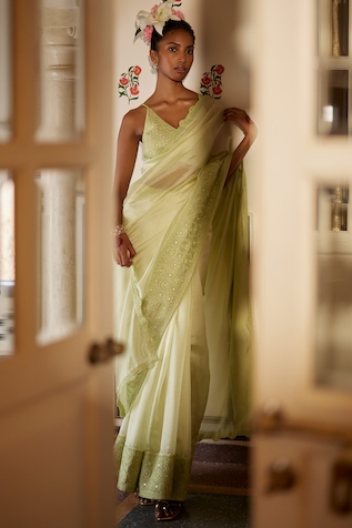 PUNIT BALANA Resham Embroidered Border Saree With Blouse