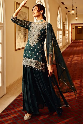 Floral Resham Embroidered Tunic Sharara Set 