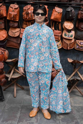Sky Blue Floral Block Print Kurta Set 