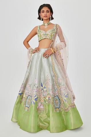 Aisha Rao Gulshan Dichromatic Floral Applique 10 Kali Bridal Lehenga Set 