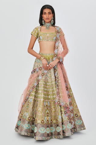 Aisha Rao Layla Floral Applique 16 Kali Bridal Lehenga Set 