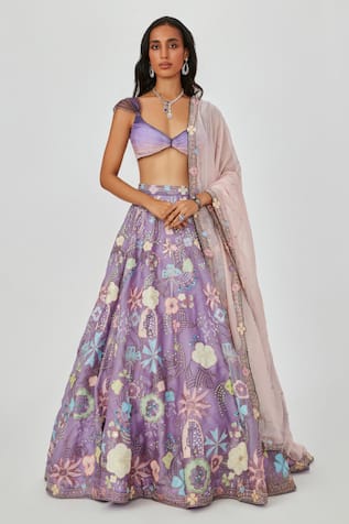 Aisha Rao Darya Floral Applique Embellished 10 Kali Lehenga Set 