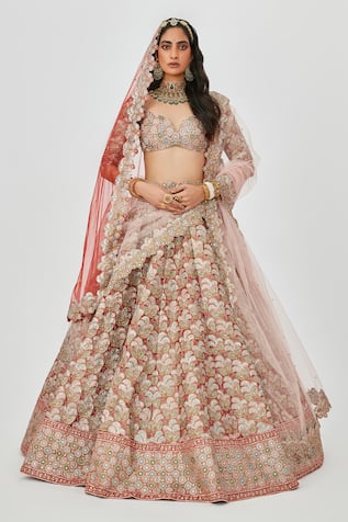 Aisha Rao Tara Flower Applique Embroidered 16 Kali Bridal Lehenga Set 