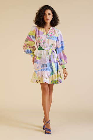 Pankaj & Nidhi Lyric Linen Floral Field Print Dress 