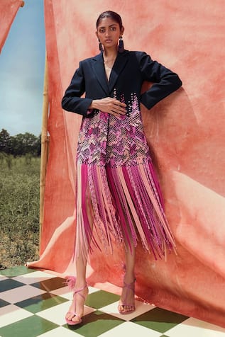 Pankaj & Nidhi Midnight Blue Hand Woven Blazer Dress 