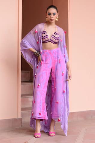 Rishi and Vibhuti Brimming Berry Embroidered Jacket Pant Set 