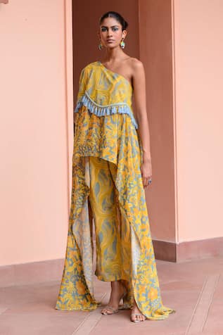 Rishi and Vibhuti Maze Asymmetric Floral Print Tunic With Pant 