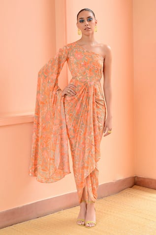 Rishi and Vibhuti Sorbet Floral Print Draped Dress 