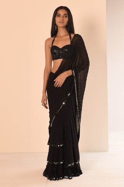 Buy Black Raw Silk Embroidery Zardozi Halter Neck Saree Blouse For Women by  Weaver Story Online at Aza Fashions.