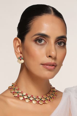 Gold Tone Temple Necklace Set With Earrings 