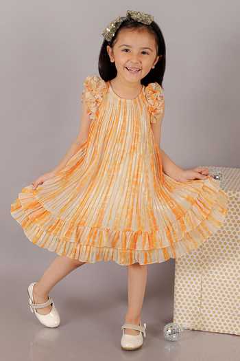 Lil Drama Abstract Foil Print Pleated Ruffle Dress 