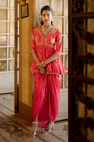 Paulmi and Harsh Embroidered Peplum Kurta & Draped Skirt Set 