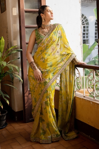 Yellow Floral Embellished Saree – Lashkaraa