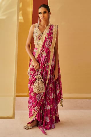 Priyanka Singh Pre-Draped Floral Print Saree With Blouse 