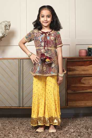 FAYON KIDS Zari Geometric Embroidered Peplum Top & Sharara 