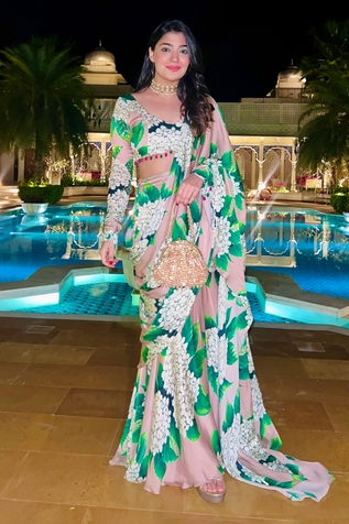 SANAM Isabelle Floral Pattern Pre-Draped Saree With Blouse