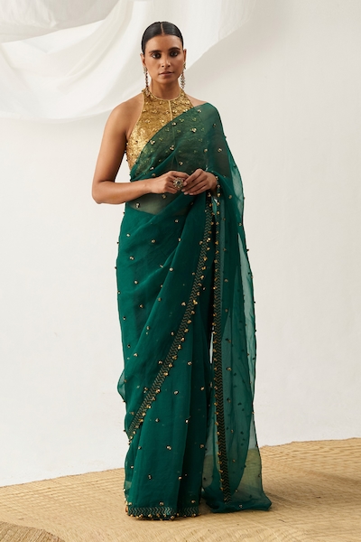 Black Chiffon Saree with Emerald Green Crystal Belt – Talking Threads