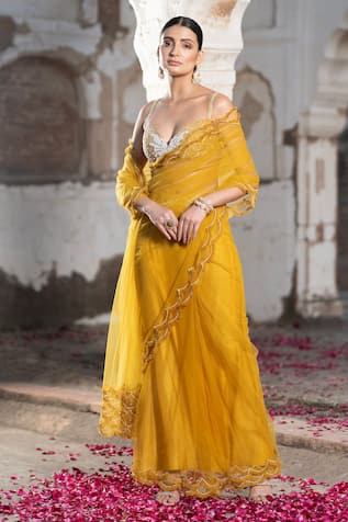 Seeaash Pre-Draped Saree With Pearl Embroidered Blouse 