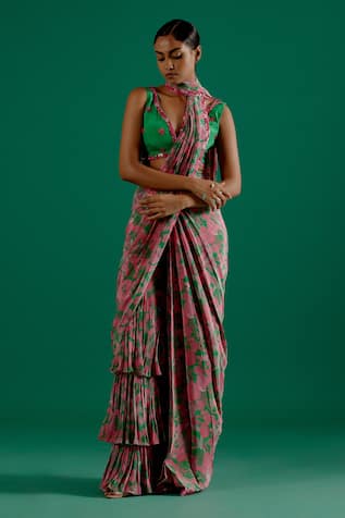 Sitaraa Jhanvi Pre-Draped Floral Print Pant Saree With Blouse 