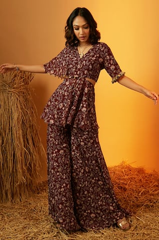 RIA SHAH LABEL Flower Print Draped Top & Pant Set 