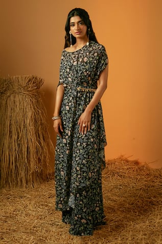 RIA SHAH LABEL Floral Print Kaftan & Flared Pant Set 