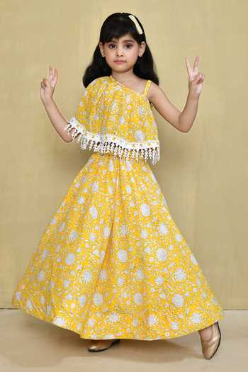 Petite Pomme Handblock Print One Shoulder Blouse With Lehenga 