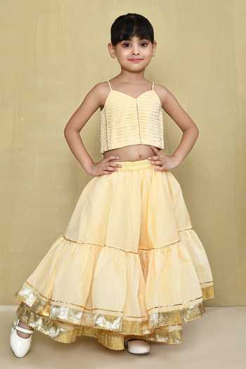 Petite Pomme Beige Gota Lace Tiered Lehenga Set 