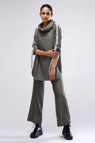 Typography Embroidered Cowl Top & Flared Pant Set 