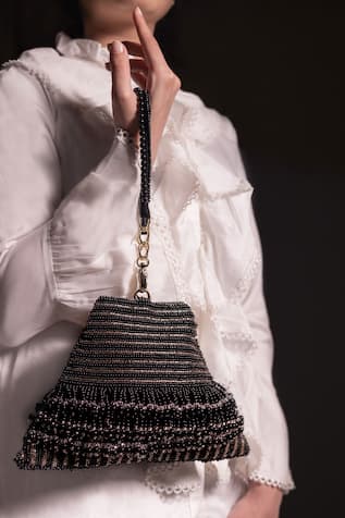 ClutcH'D Black Suede Hand Embroidered Clutch Bag 