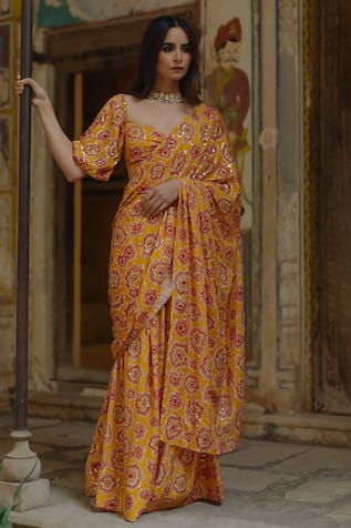 Baaro Masi Flower Print Pre-Draped Saree With Blouse 