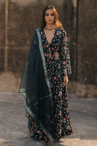 Baaro Masi Black Bouquet Print Lehenga Set 