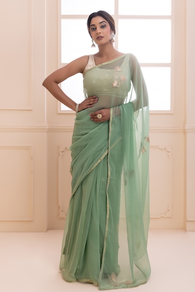 Buy Green Saree And Blouse Georgette & Underskirt Satin Floral Chikankari  For Women by Iktaar by Meena Online at Aza Fashions.